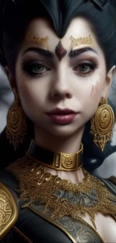 Elegant fantasy portrait with gold jewelry and mystical details.