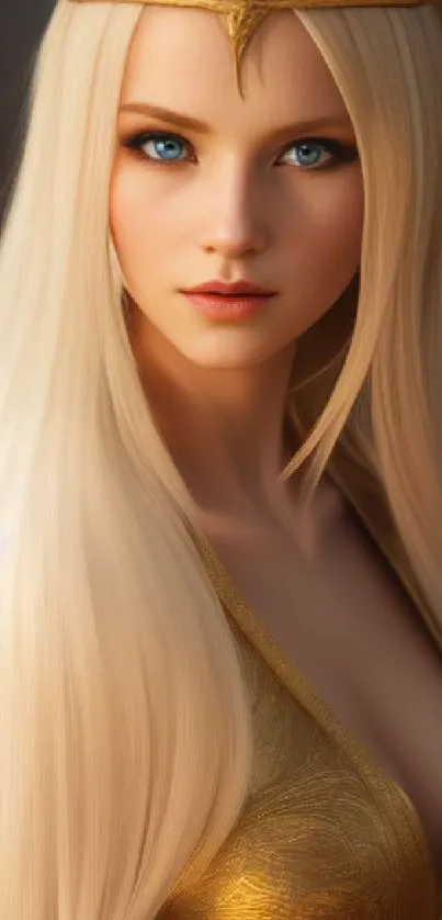 Elegant fantasy portrait of a blonde character in golden attire with blue eyes.