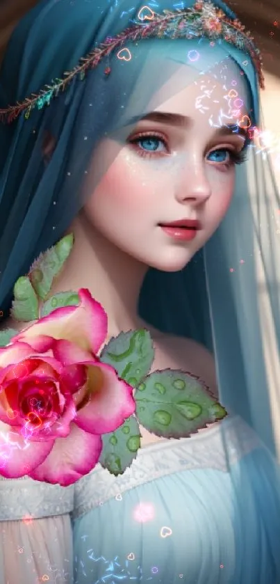 Fantasy portrait of a woman in a blue veil with a pink rose accent.