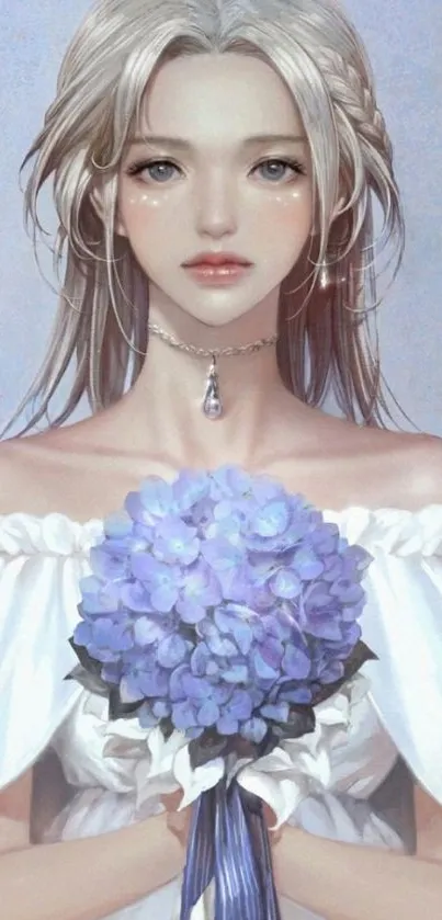 Elegant fantasy portrait with blue flowers.