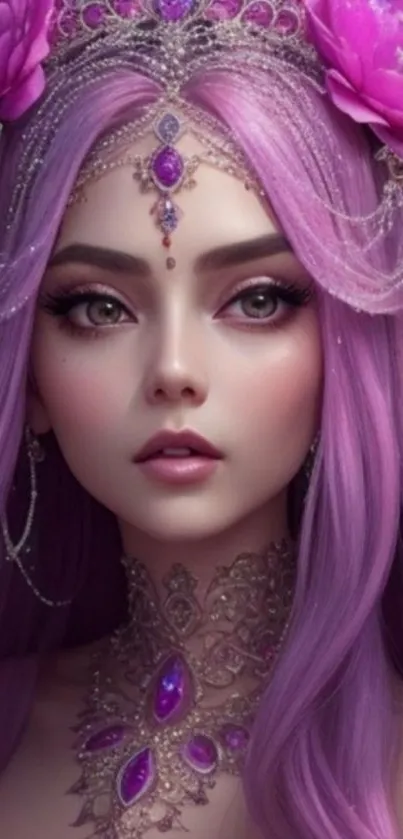 Fantasy portrait with purple hair and floral details.