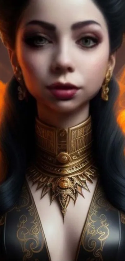 Enchanting fantasy portrait with golden and fiery accents on a wallpaper design.