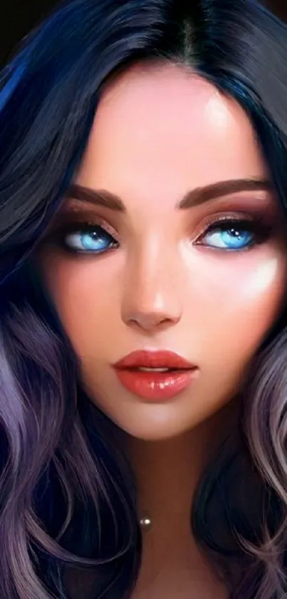 Elegant fantasy portrait with dark blue hair and vibrant eyes.