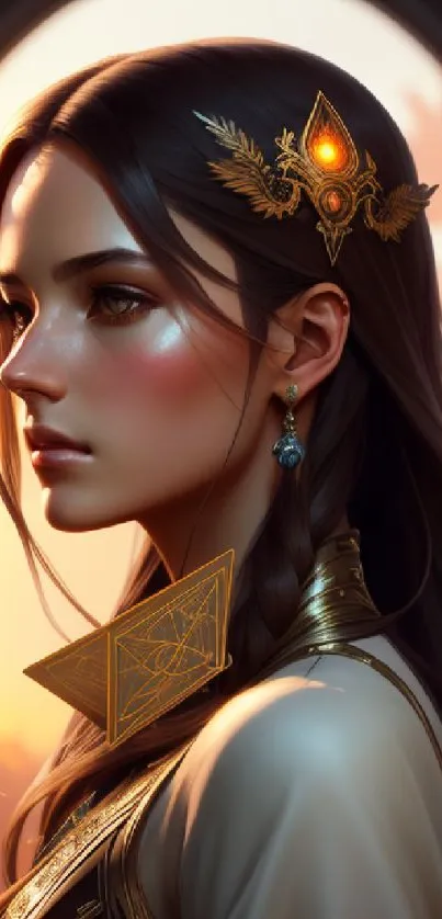 Elegant fantasy character portrait against a glowing backdrop.