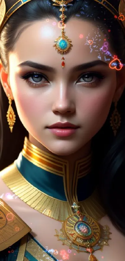 Elegant fantasy portrait of regal woman with exquisite gold jewelry.