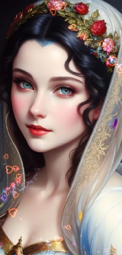 Elegant fantasy portrait of a woman with a floral crown.