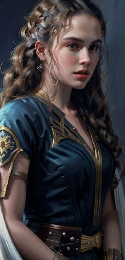 Elegant woman in medieval attire with a dark blue background.