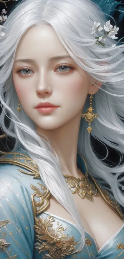 Fantasy female portrait wallpaper with flowing white hair and floral accents.