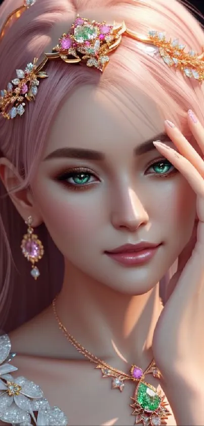 Elegant fantasy portrait with jewelry in rose gold hues.