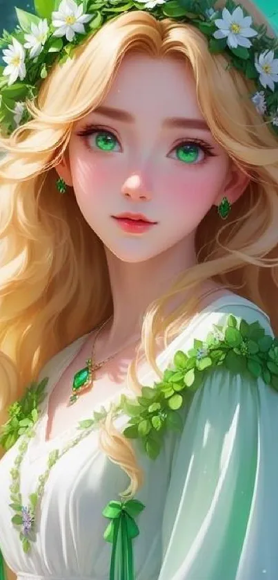 Elegant fantasy portrait wallpaper with floral and green accents.