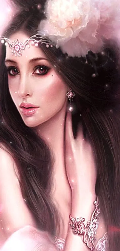 Beautiful fantasy portrait of a woman with jewelry and soft pink tones.