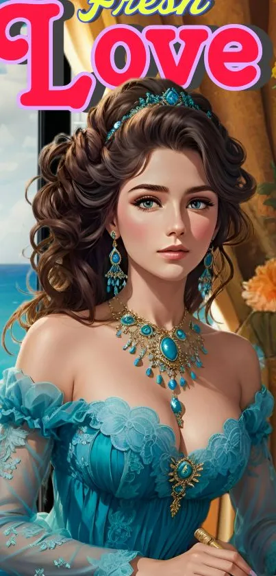 Elegant lady in a blue gown against a seaside view, fantasy art wallpaper.