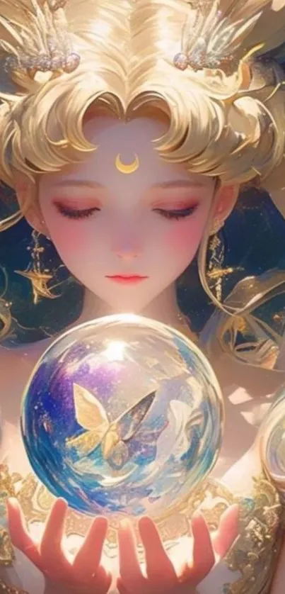 Anime princess holds a glowing orb, surrounded by celestial elegance.