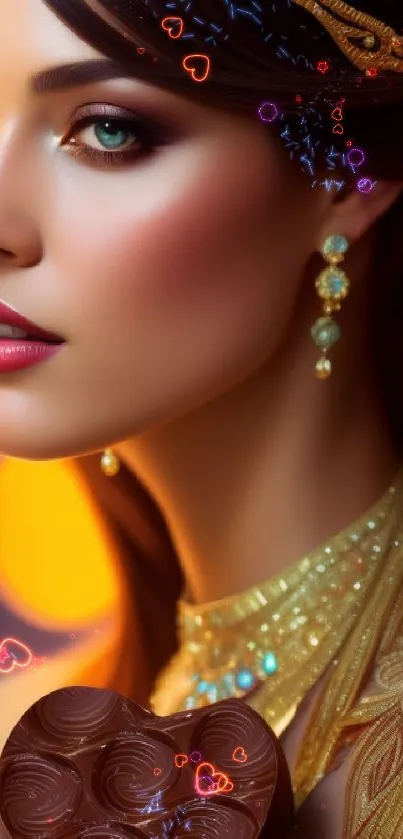 Elegant portrait of a woman with jewelry, holding chocolate, against a vibrant backdrop.