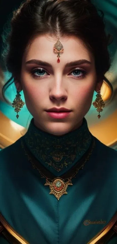 Elegant fantasy portrait with teal colors and intricate jewelry.