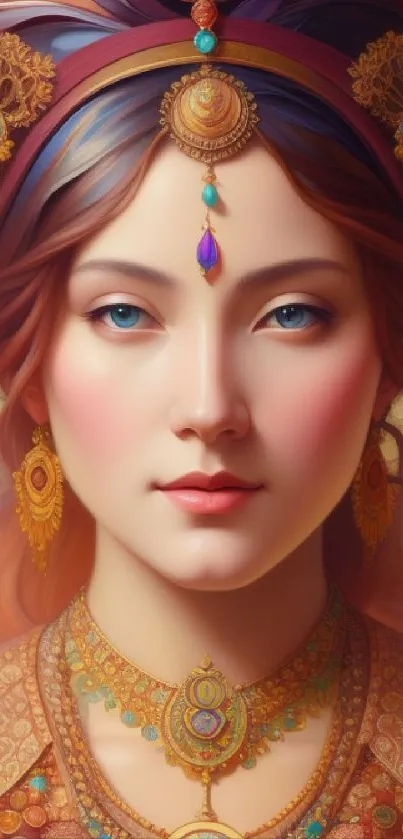 Elegant fantasy portrait with jewelry and vibrant colors for mobile wallpaper.