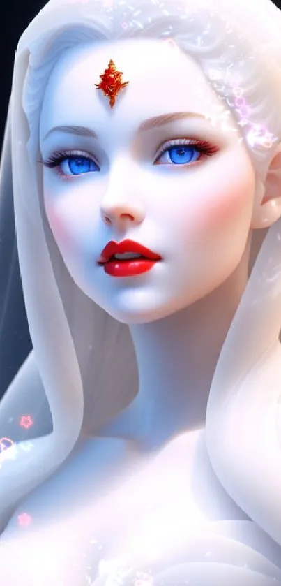 Elegant fantasy portrait of a woman with blue eyes and red lips in a mystical setting.