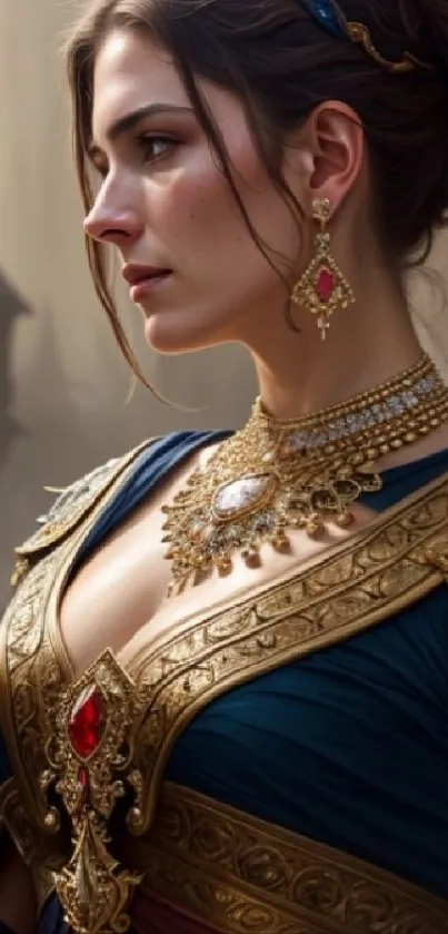 Elegant woman in royal attire and jewelry in a fantasy forest scene.