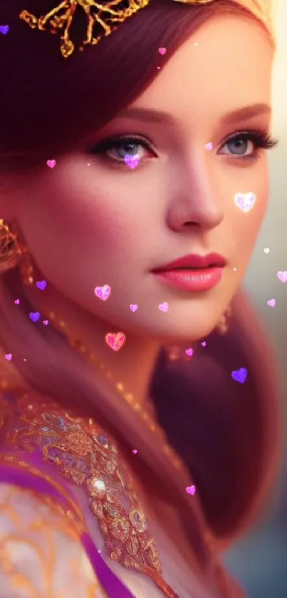 Elegant fantasy portrait with gold accents and purple attire, stunning mobile wallpaper.