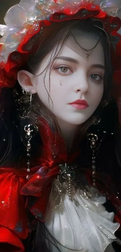 Elegant gothic portrait with intricate red dress.