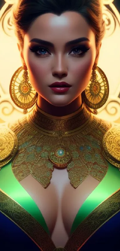 Elegant fantasy portrait of a woman with golden jewelry and vibrant colors.