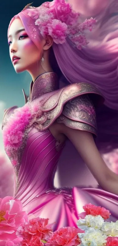 Fantasy pink princess in floral dress art