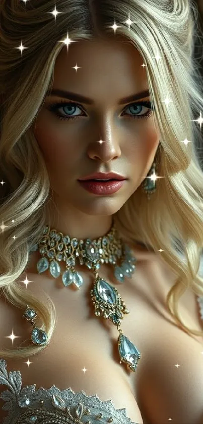 Elegant blonde fantasy portrait with sparkling jewelry.