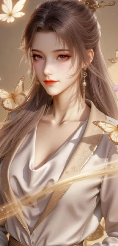 Fantasy portrait with butterflies and flowers in a serene mobile wallpaper.