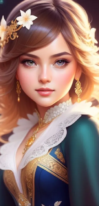 Elegant fantasy portrait of a woman in regal attire with floral accessories.