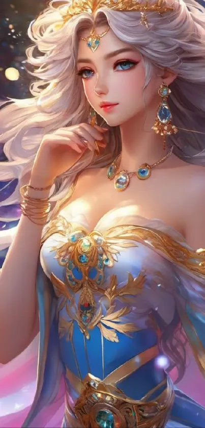 Elegant fantasy princess in a gold and blue gown, perfect for mobile wallpaper.