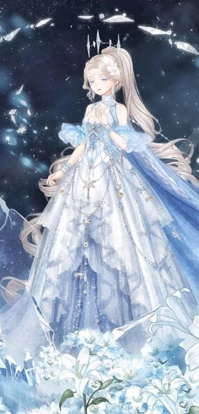 Elegant fantasy princess in a sparkling blue gown amidst a dreamy setting.