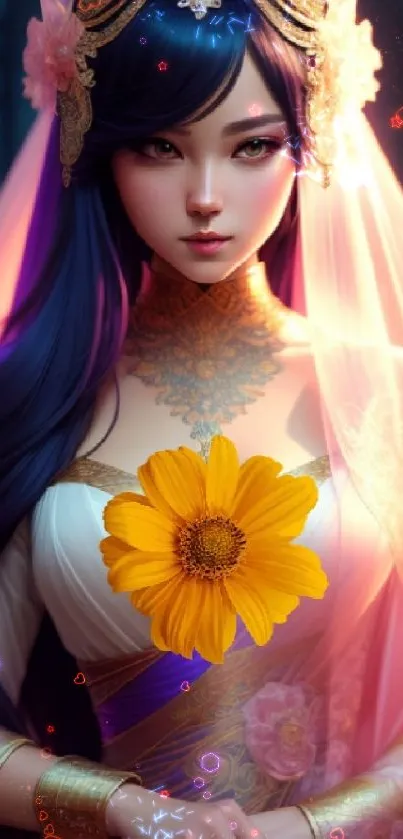 Elegant fantasy princess with floral designs.