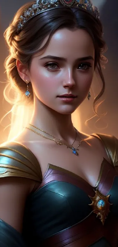 Fantasy portrait of a princess in a tiara and royal attire with a gentle glow.