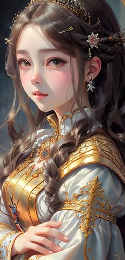 Fantasy princess with gold accents in elegant attire.
