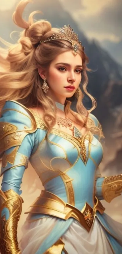 Enchanting fantasy princess in light blue and gold attire with mountainous background.