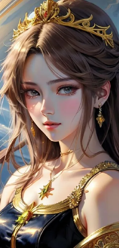 Fantasy princess with gold accessories and cosmic background.