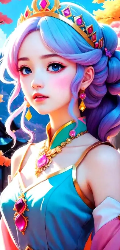 Colorful anime princess in vibrant setting.