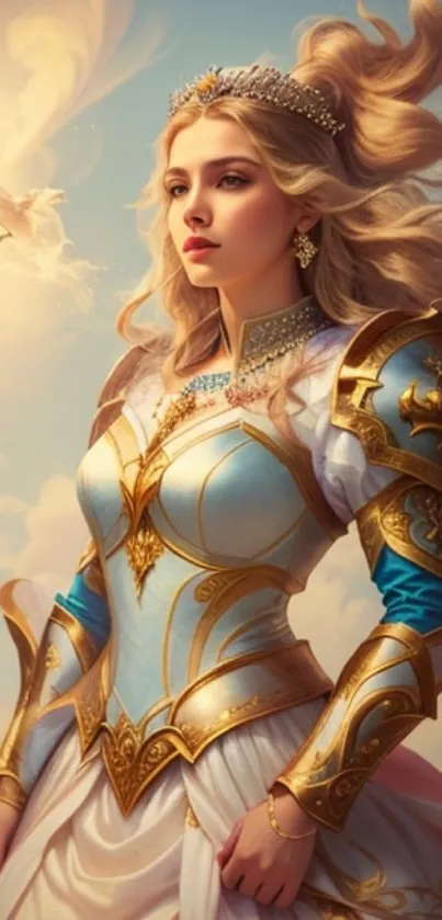 Elegant fantasy princess in golden armor with flowing hair under a soft sky.