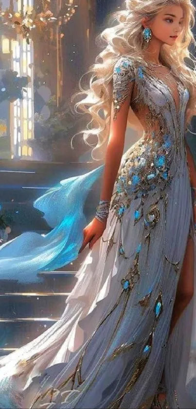 Fantasy princess in shimmering gown with magical background.