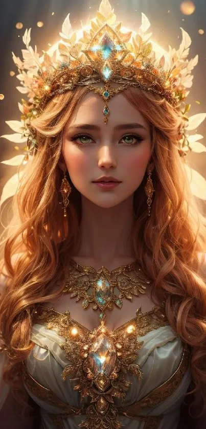 Fantasy princess with golden crown and elegant attire in magical light.
