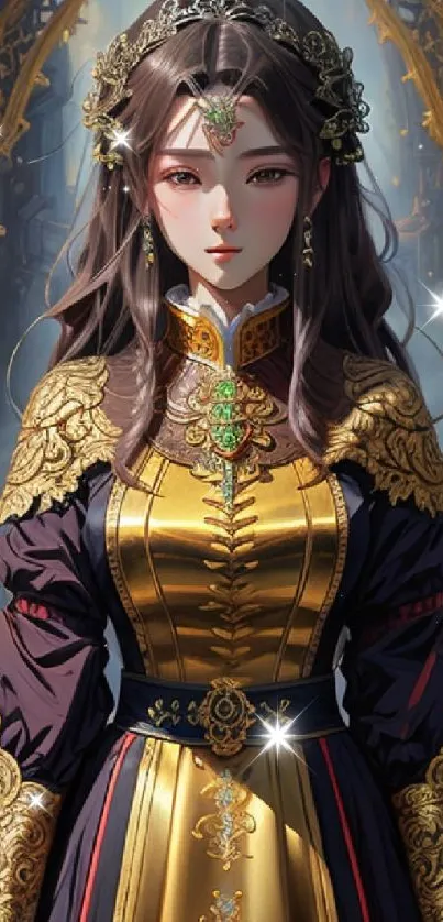 Elegant fantasy queen with gold attire in a majestic backdrop.