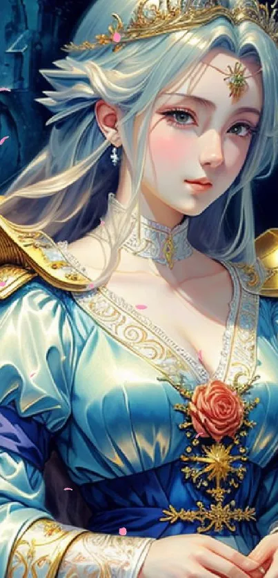 Fantasy royal portrait with elegant blue attire and golden accents.