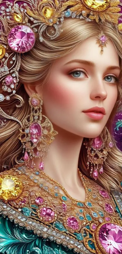 Fantasy royalty portrait with gems and intricate details.