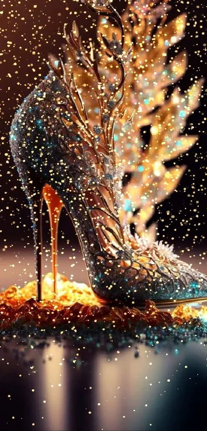 Elegant fantasy shoe with intricate design in golden hues.