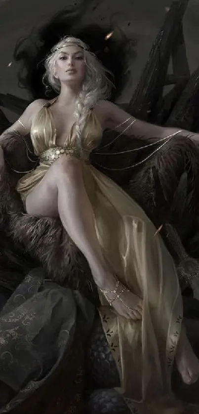 Elegant woman on fantasy throne, golden dress, dark tones.