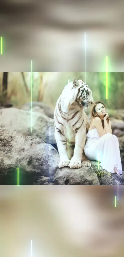 Majestic white tiger with serene figure in a tranquil forest scene.