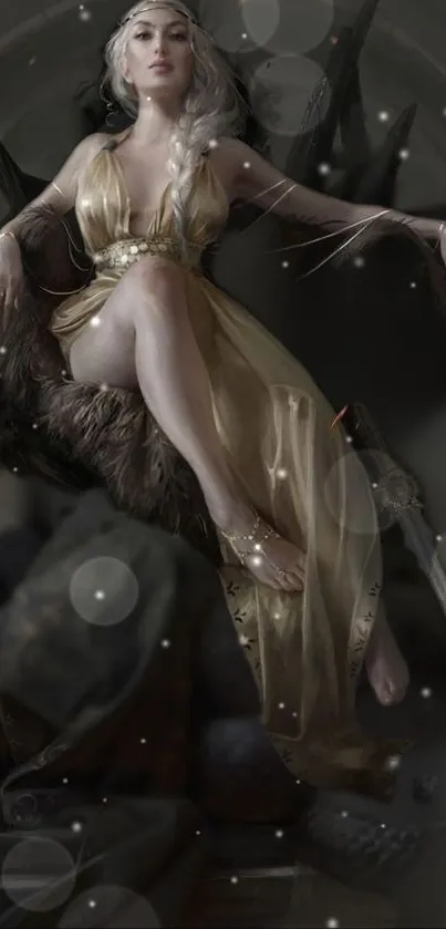 Fantasy warrior in golden dress on a dark throne.