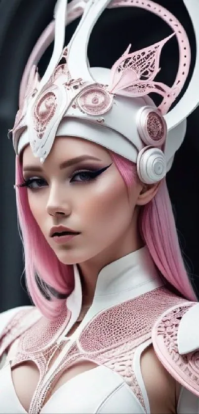 Elegant fantasy warrior with pink hair in futuristic armor.