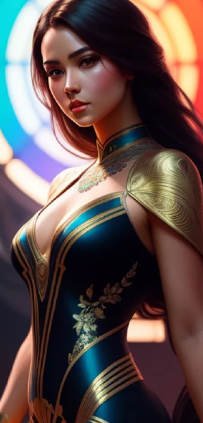 Elegant fantasy warrior in gold against colorful stained glass backdrop.