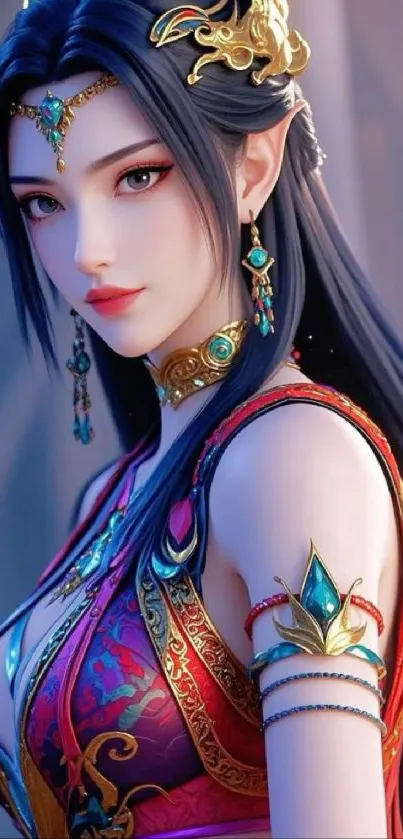 Elegant fantasy warrior with ornate jewelry in vibrant colors.